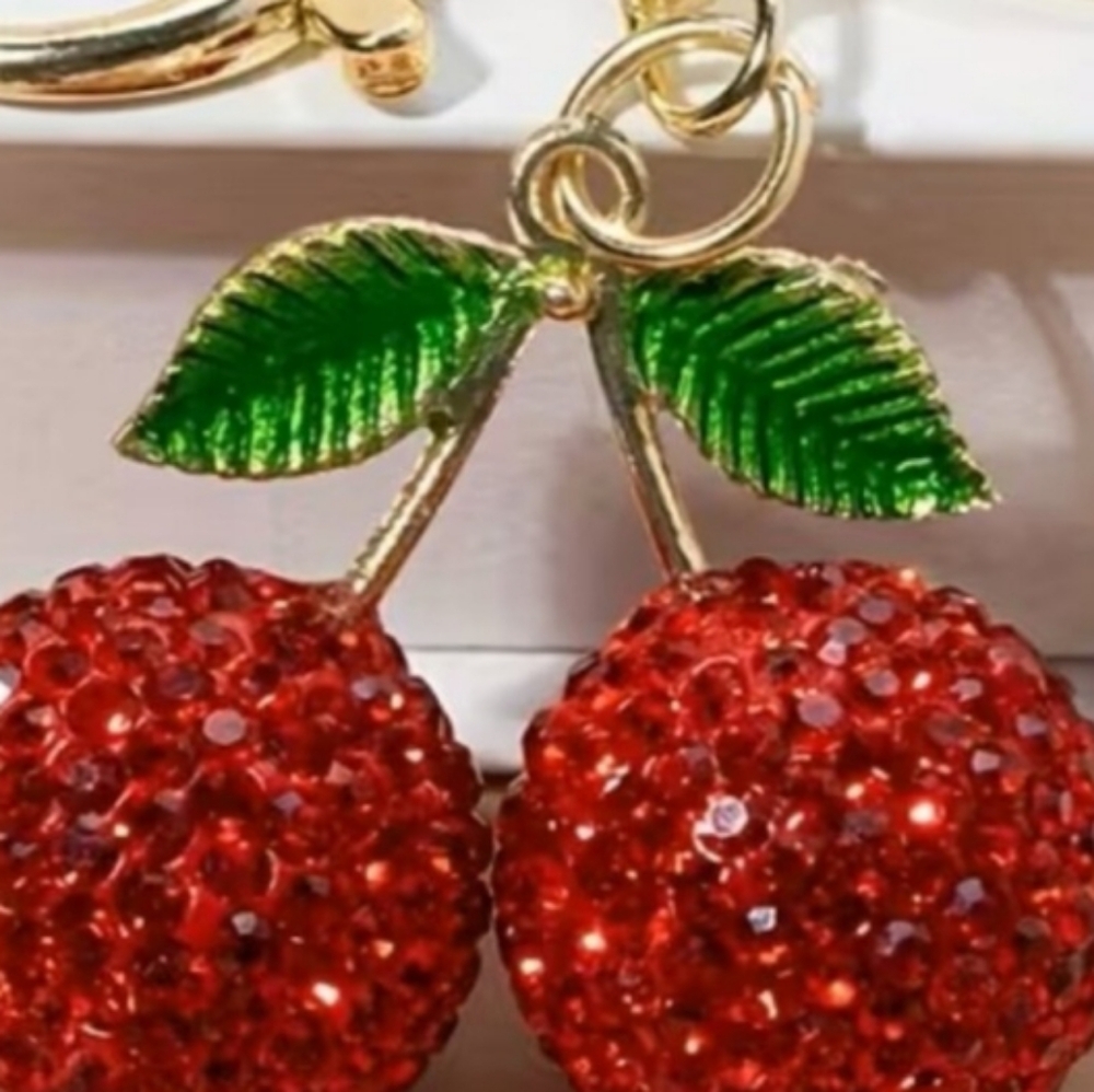 Trending Cherry Keychain Bag Charm Red Green Beaded Crystal Rhinestone NEW
